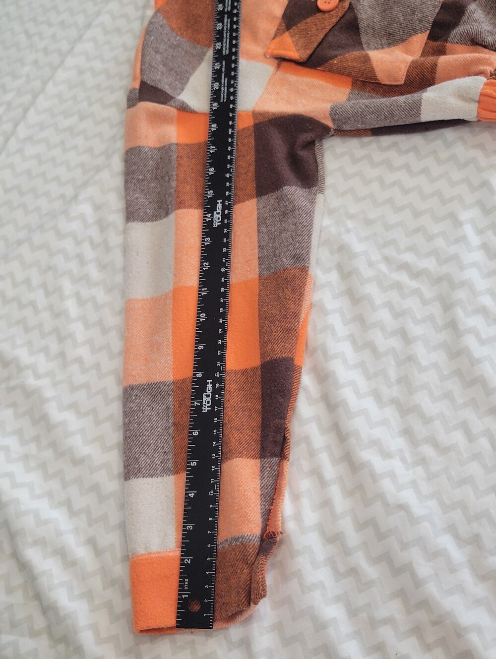 Timing Cropped Plaid Jean Shacket in Orange, Brown & Cream - Picture 7 of 14